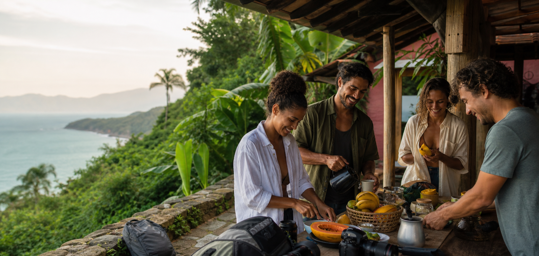 Viajantes colaborando em uma experiência no Brasil